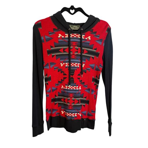 Lauren Ralph Lauren Active Southwestern Print Knit Hoodie Red Blue Medium AS IS - Picture 1 of 6